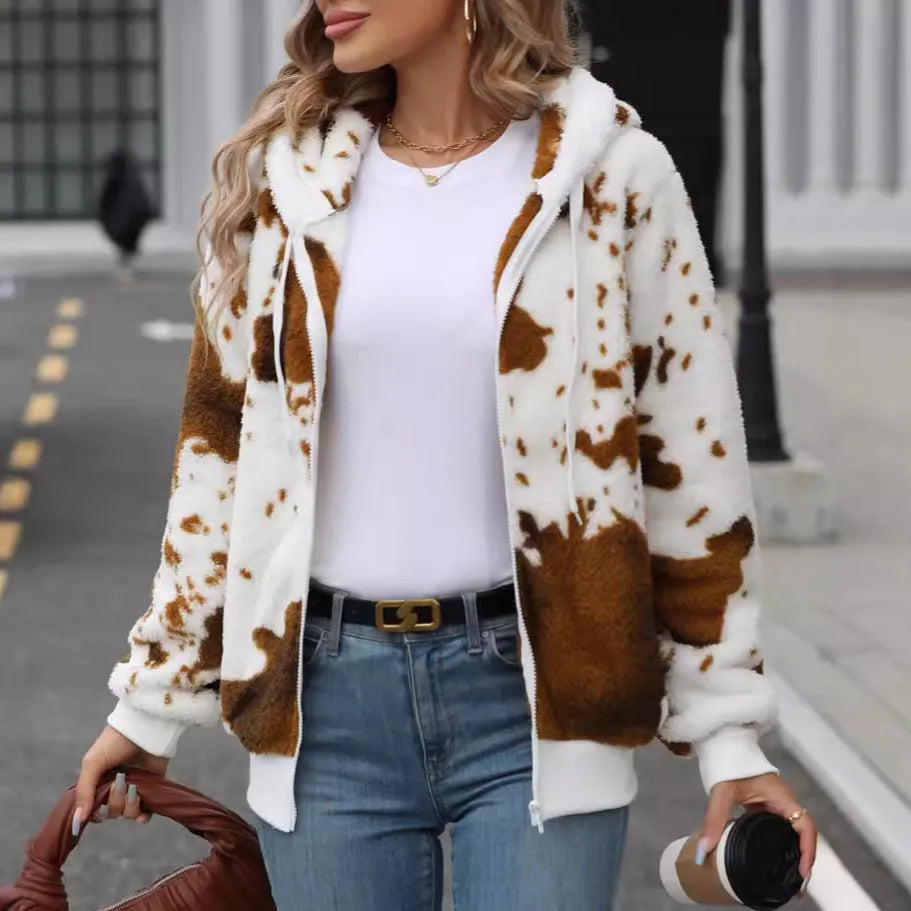 Yellow brown cow print plush cardigan jacket with hood and front zip.