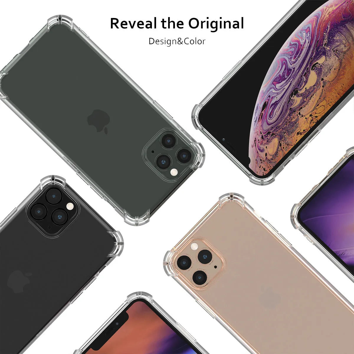 Clear transparent shockproof TPU back cover case for Apple iPhone on a table.