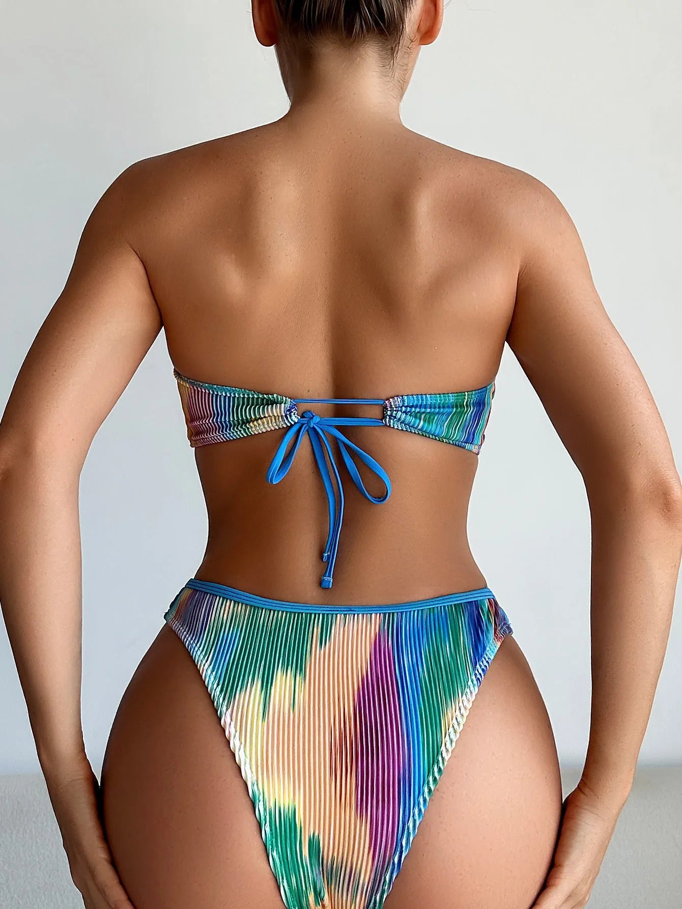 Colour printed polyester tube top bikini set with matching briefs for swimming