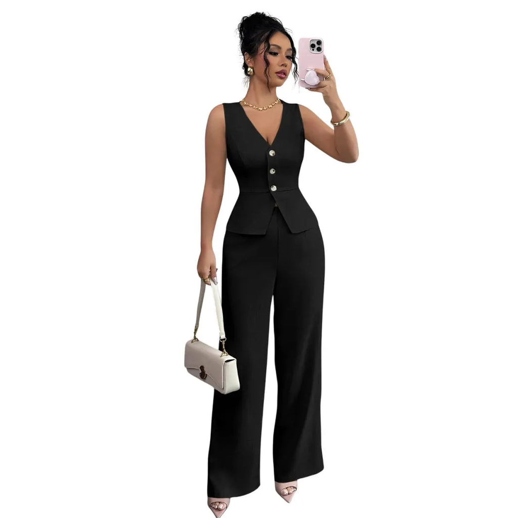 Women's black sleeveless vest and high-waisted trousers two-piece set in Japanese Korean casual style