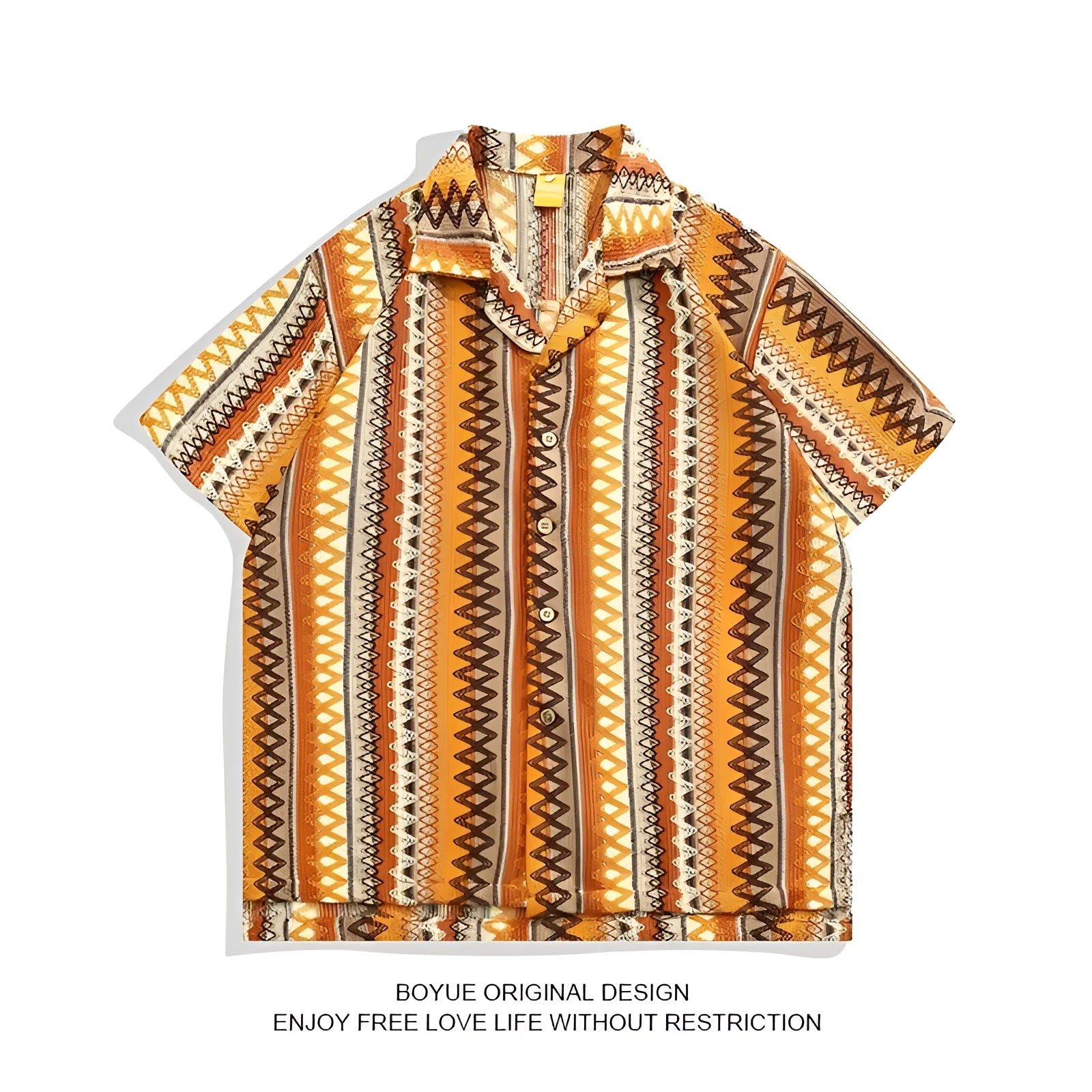 Ethnic pattern Cuban collar shirt in loose fit with contrasting colours and drop-shoulder sleeves