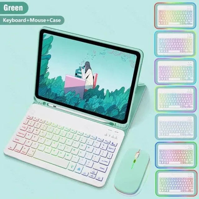 iPad protective leather case with built-in RGB backlit Bluetooth keyboard and stand in black colour