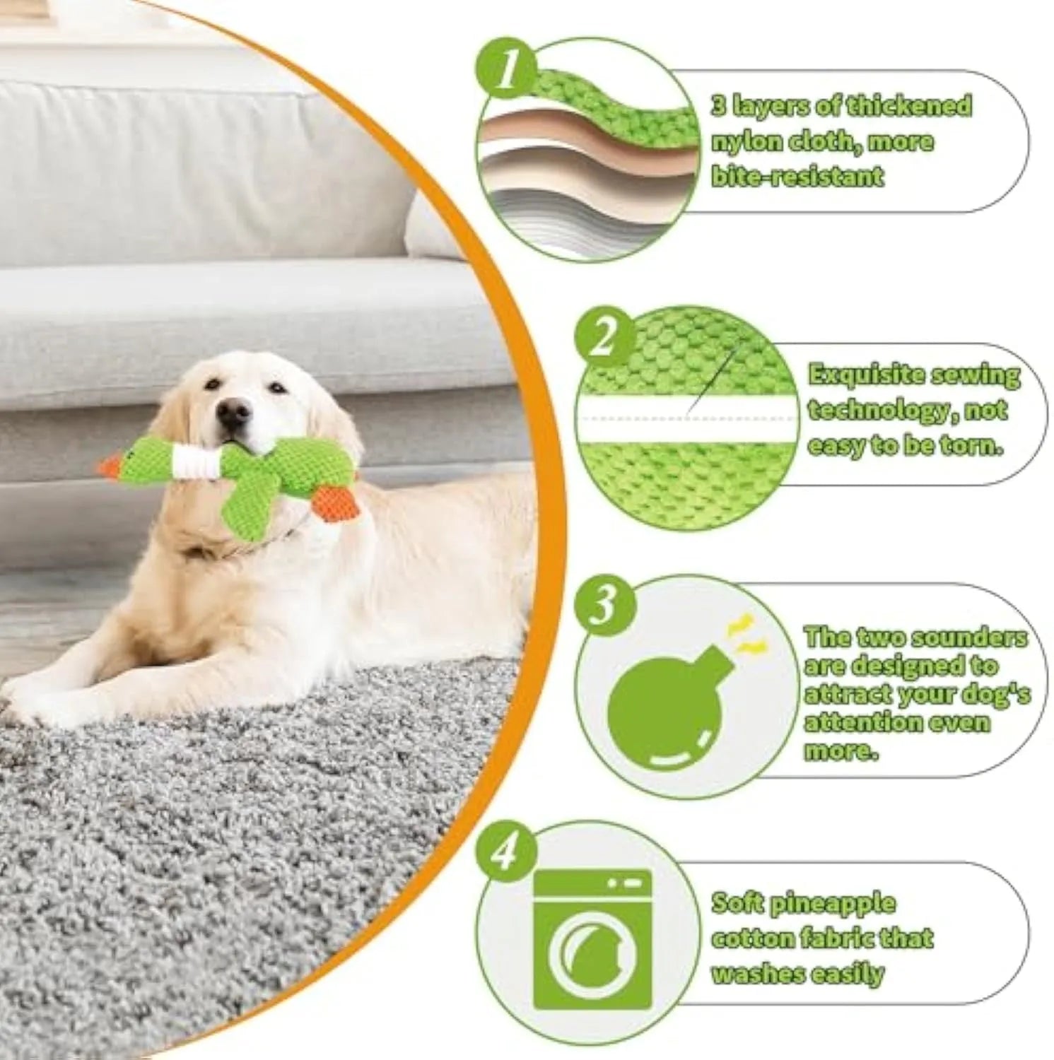 Blue durable plush duck dog toy with two squeakers for chew and fetch play.