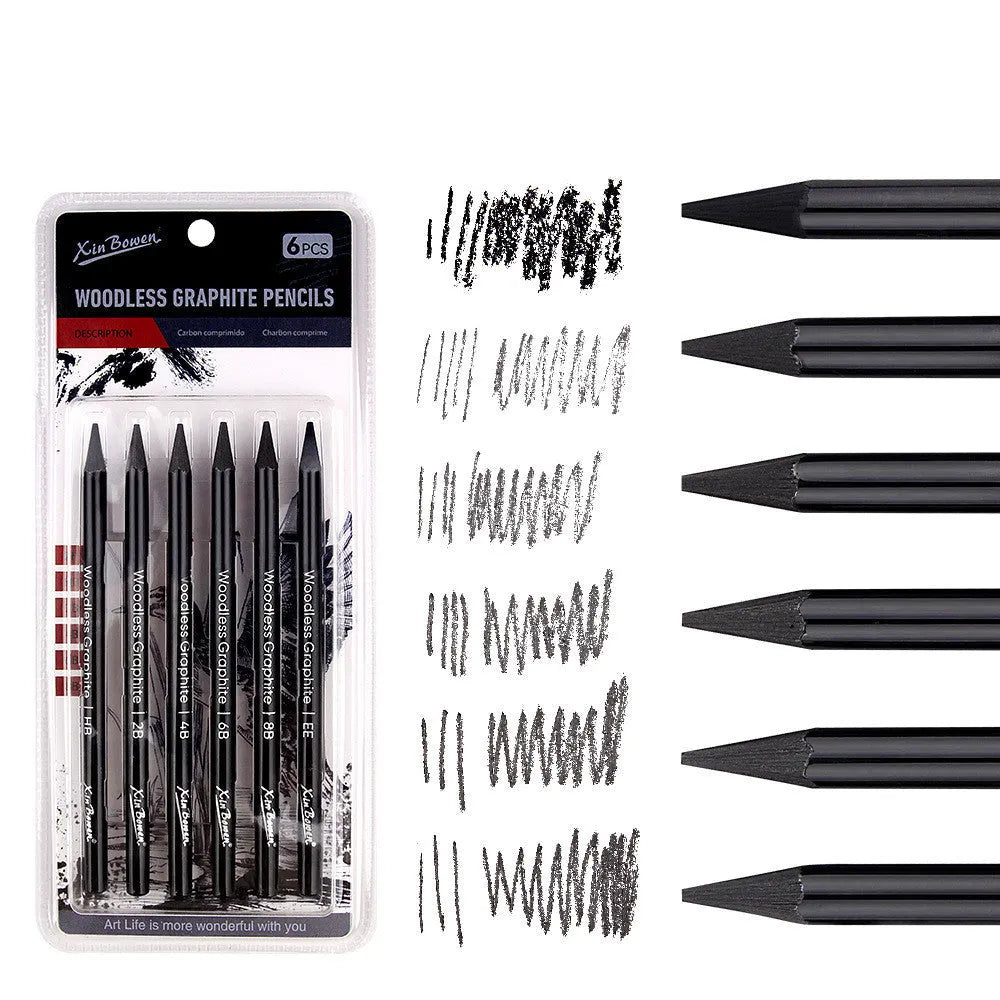 Set of six wood-free graphite sketching pencils with HB 2B 4B 6B 8B EE hardness grades