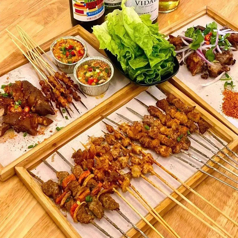 Square bamboo barbecue serving tray with brown handle in medium and small sizes