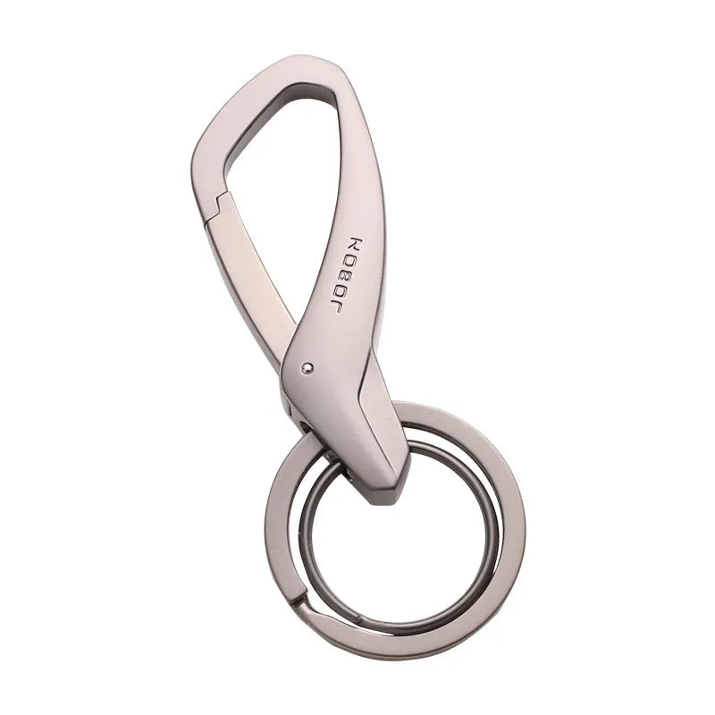 Zinc alloy car key waist hanging double ring keychain in black, chrome, or nickel colour showing 8.3cm x 3.5cm dimensions