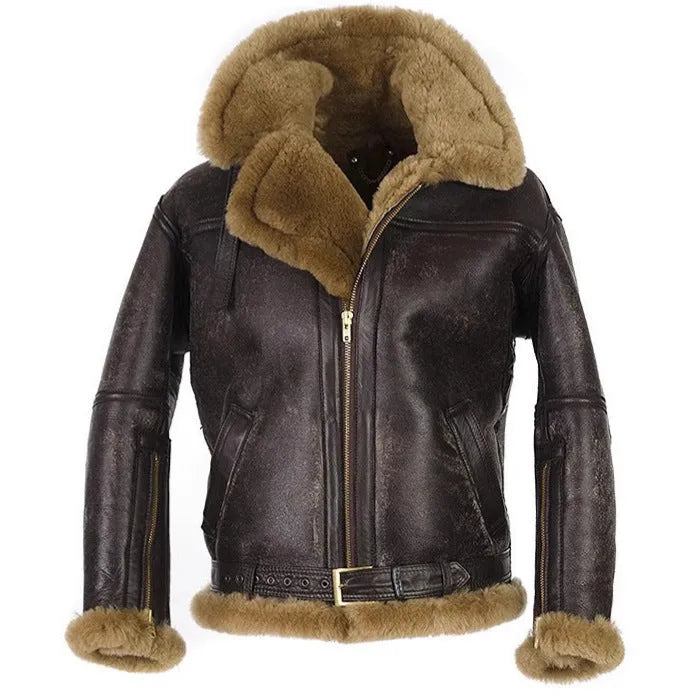 Men's black retro synthetic leather winter coat with straight hem and side pockets