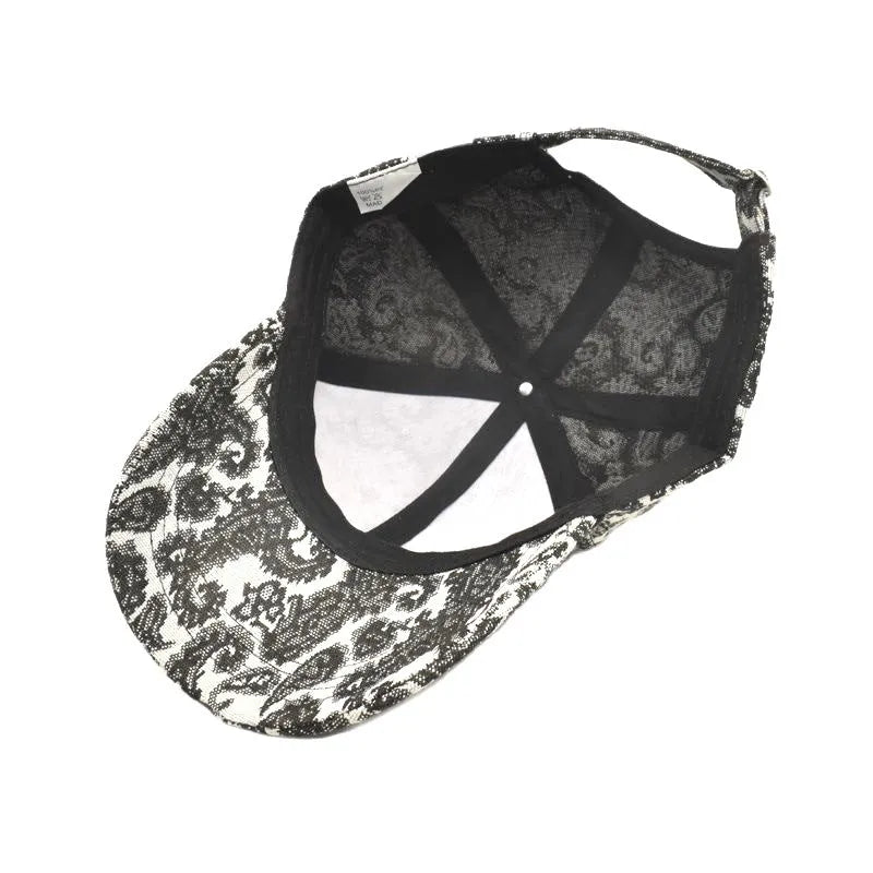 Polyester baseball cap with a paisley pattern print in blue, featuring a dome crown.