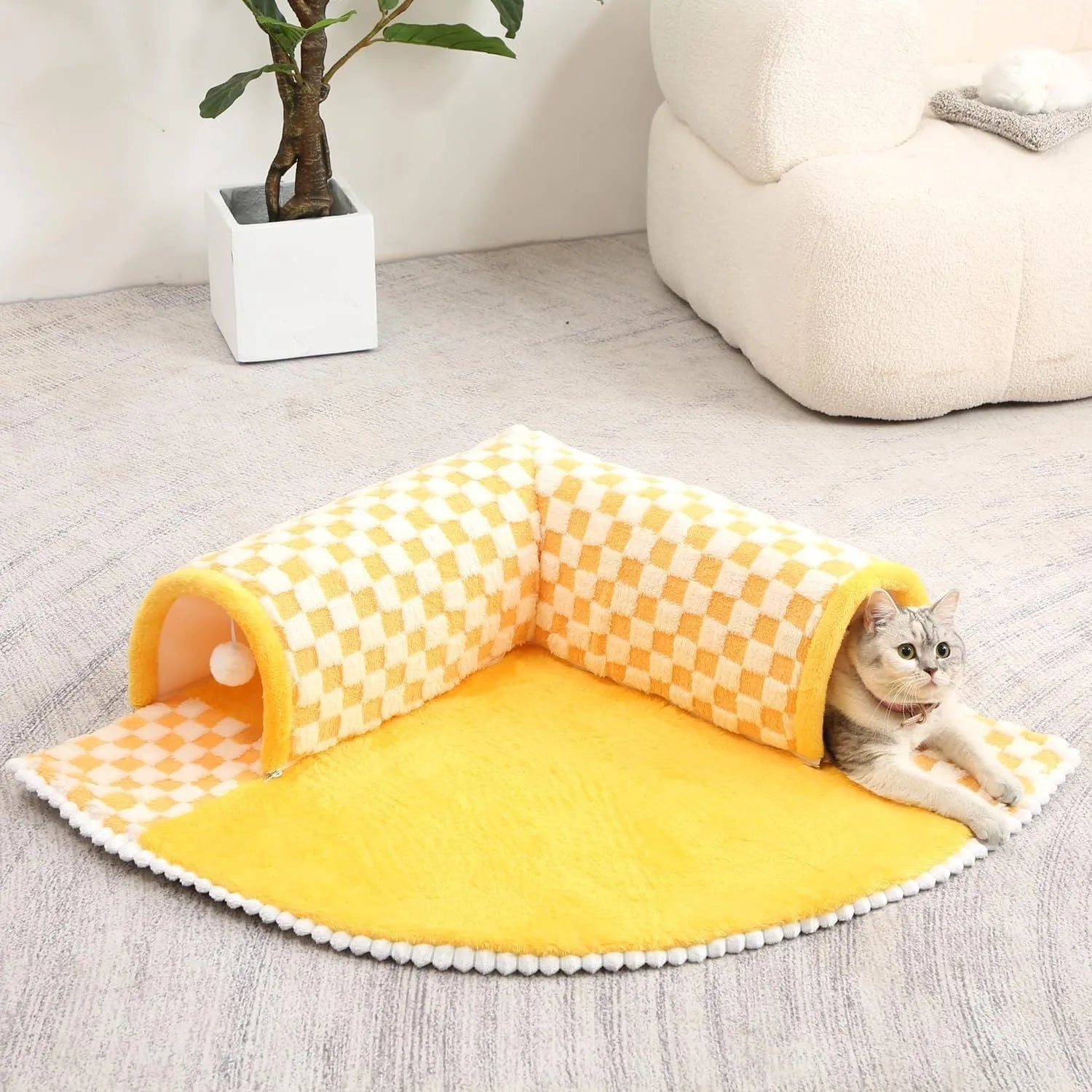 XL size coffee and yellow plush 2-in-1 pet bed with integrated tunnel for cats and dogs