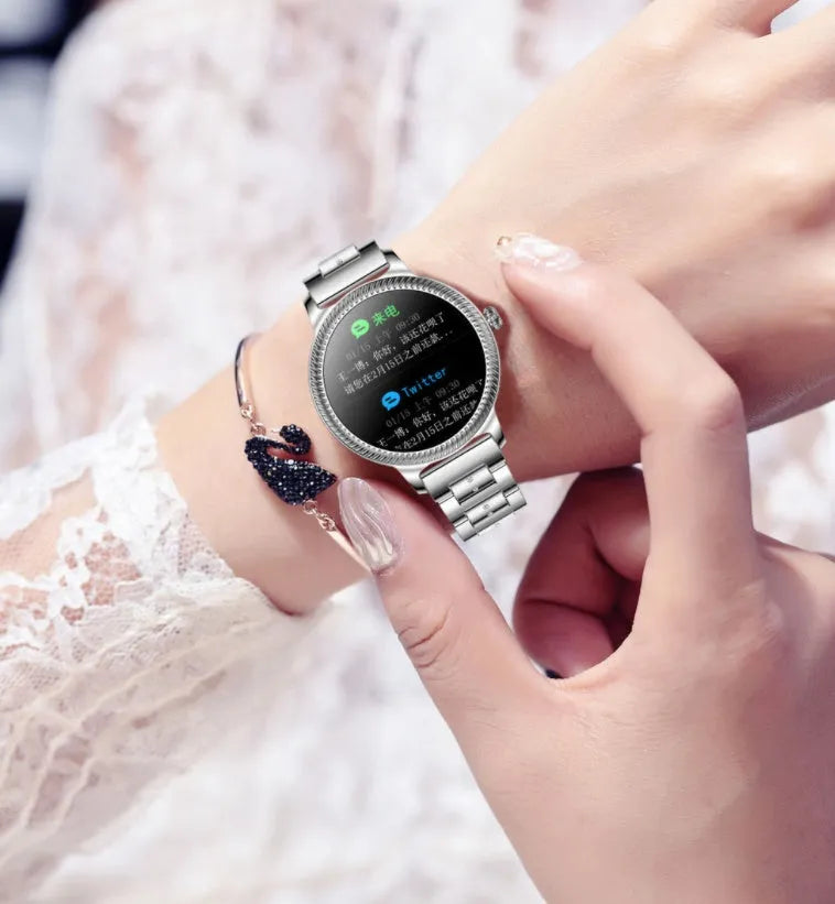 AK38 ladies smart watch with stainless steel bracelet and 1.09-inch colour touchscreen displaying smartphone notifications