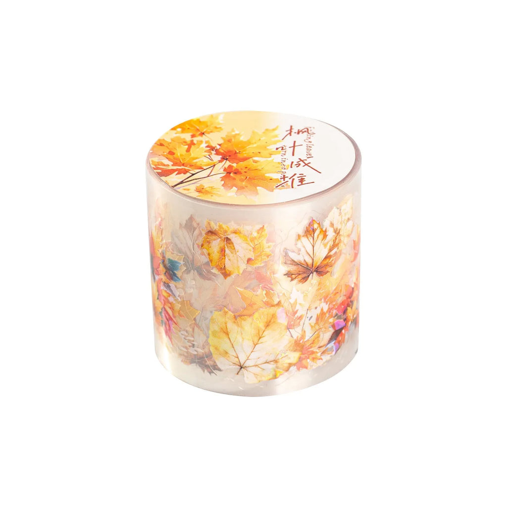 Roll of nature-themed decorative stickers showing ginkgo leaves, maple leaves, and blue fallen leaves designs