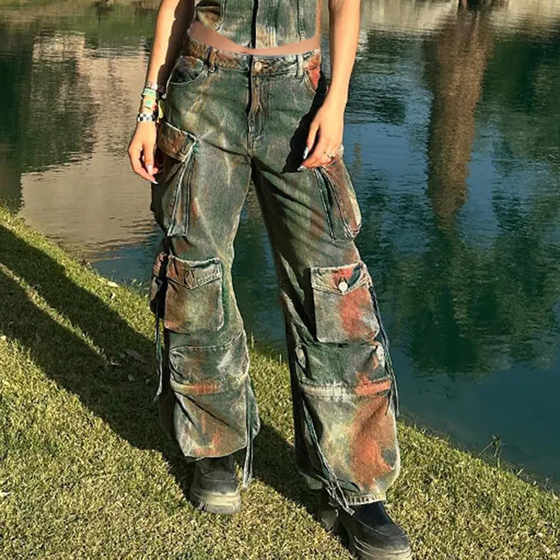 Retro colour loose cargo denim trousers with gradient pocket on model