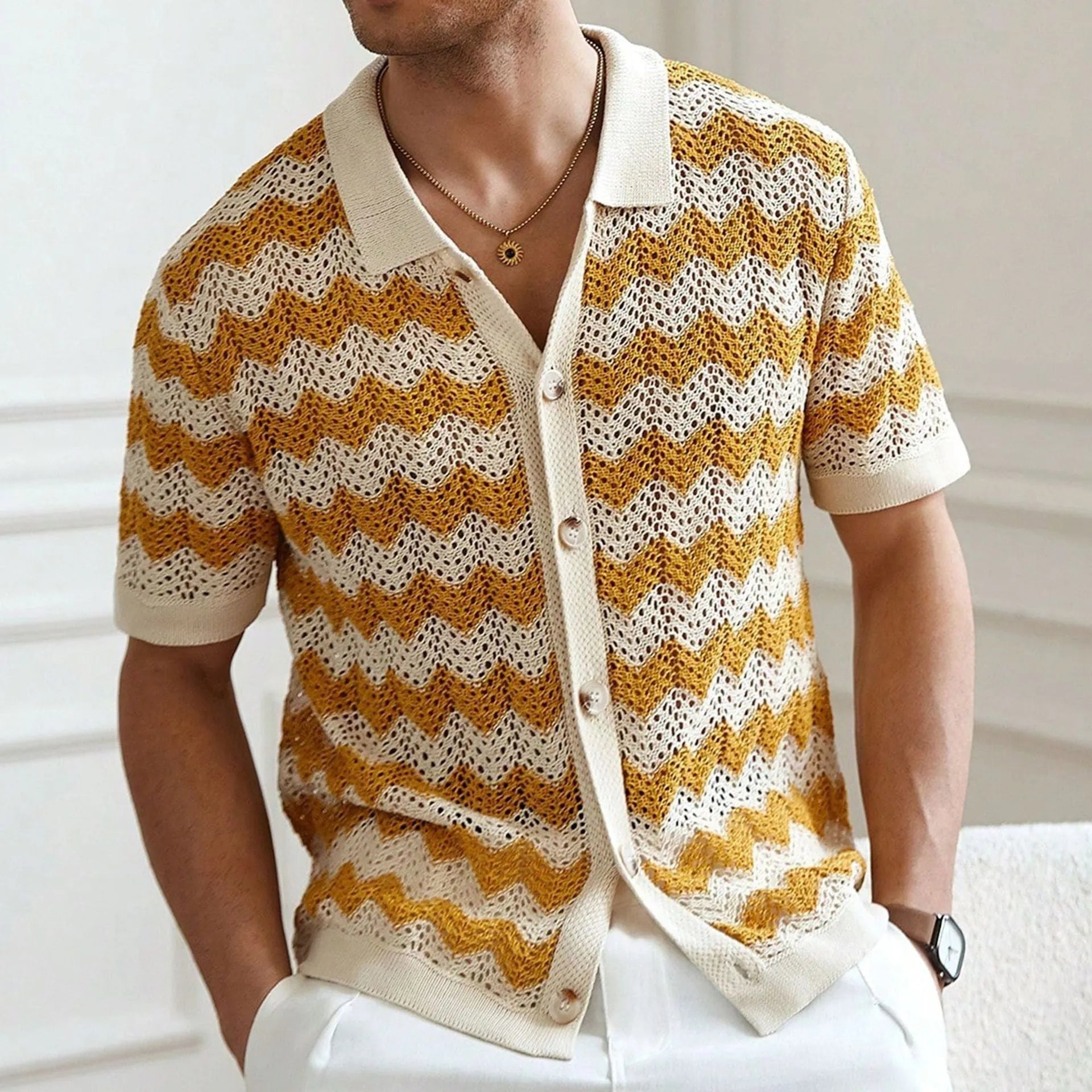 American-style hollow jacquard corrugated short-sleeve summer sweater in viscose Tencel