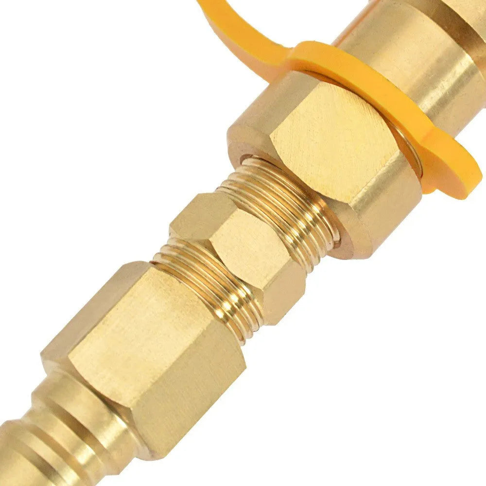 Gold-coloured brass 3/8-inch gas tank connector with visible threads for propane conversion.