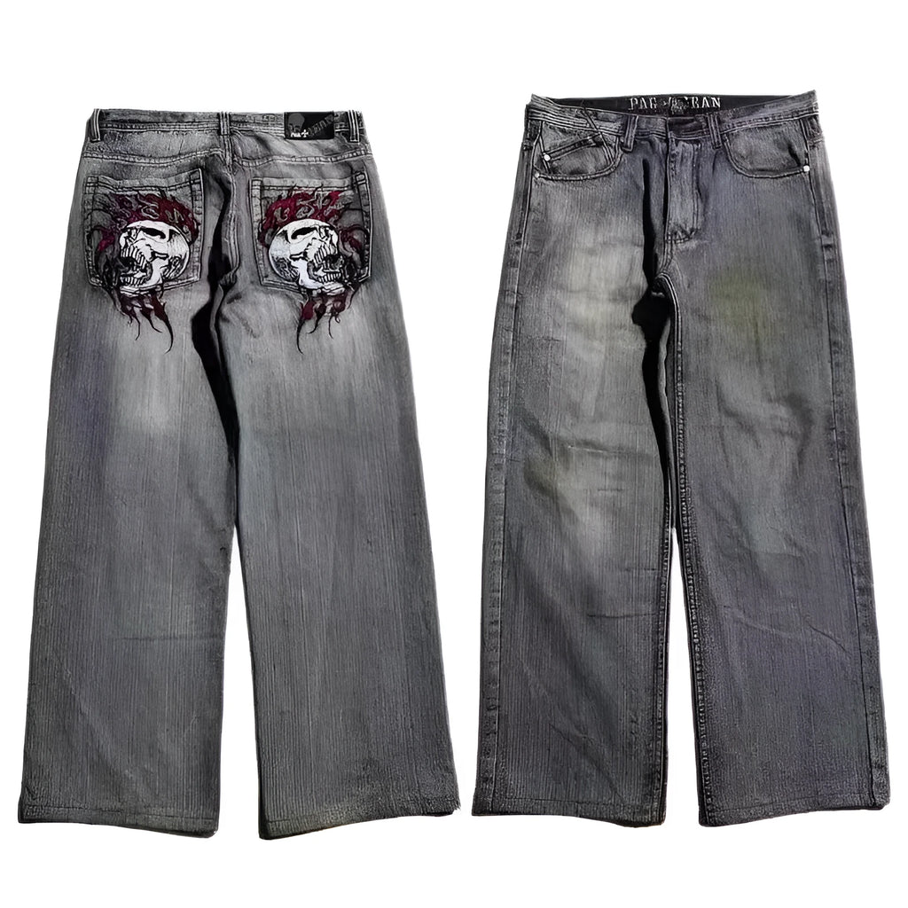 Men's grey washed-out straight-leg jeans with a wide-leg casual workwear design.