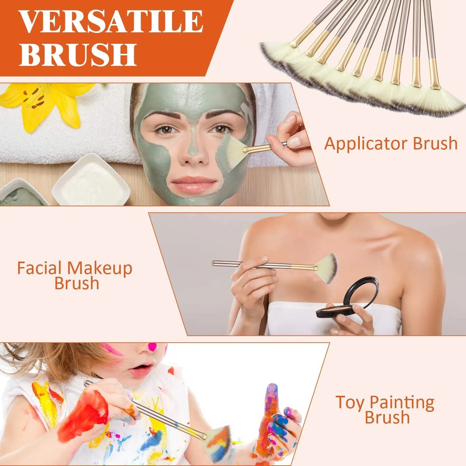 10 professional facial fan brushes with champagne finish and protective covers for mask and makeup application