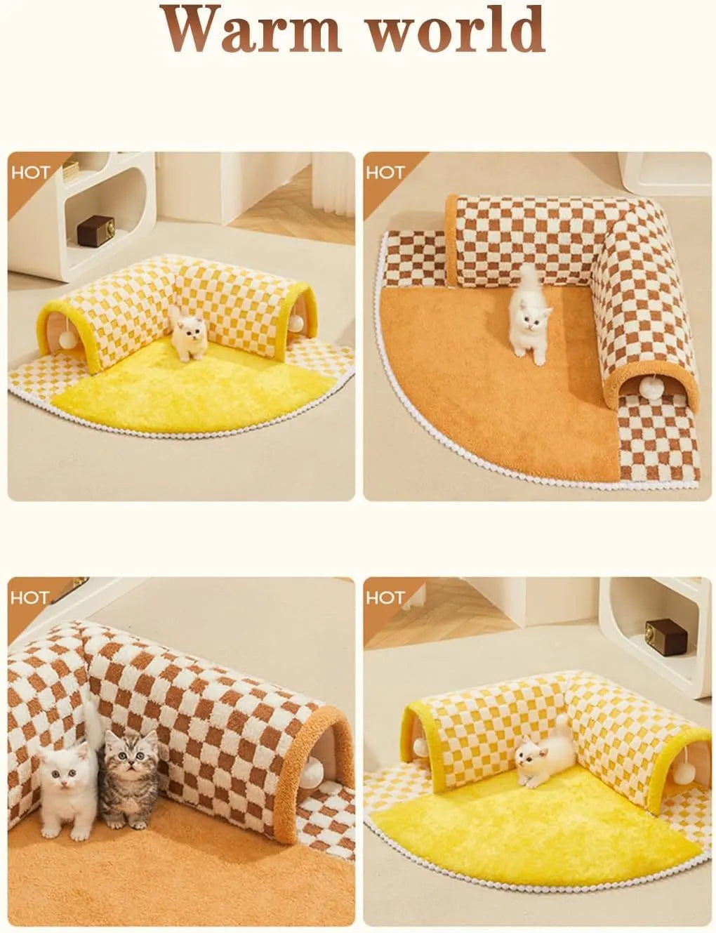 Brown plush plaid XL cat tunnel bed with central mat and non-slip bottom for indoor cats.
