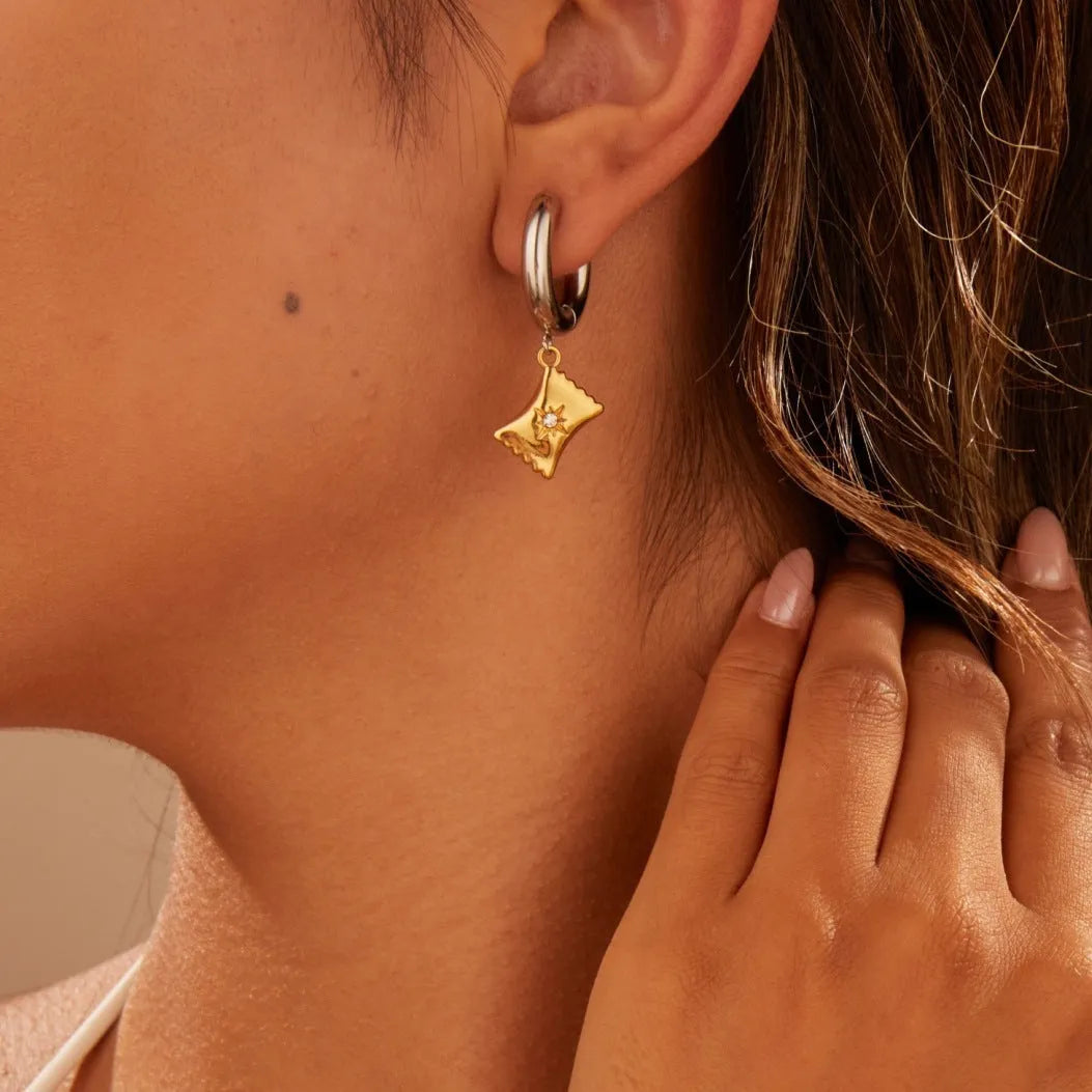 Christmas tree stainless steel earrings with 18K gold electroplating in heart, star, and geometric shapes