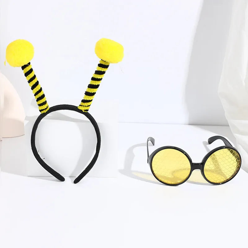 Bee costume headband and glasses set in cloth material with bee and butterfly decorations
