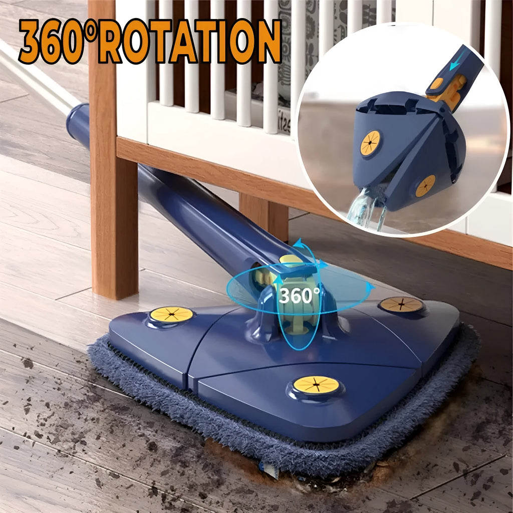 Blue extendable triangle mop with rotating head and adjustable stainless steel pole for corner cleaning