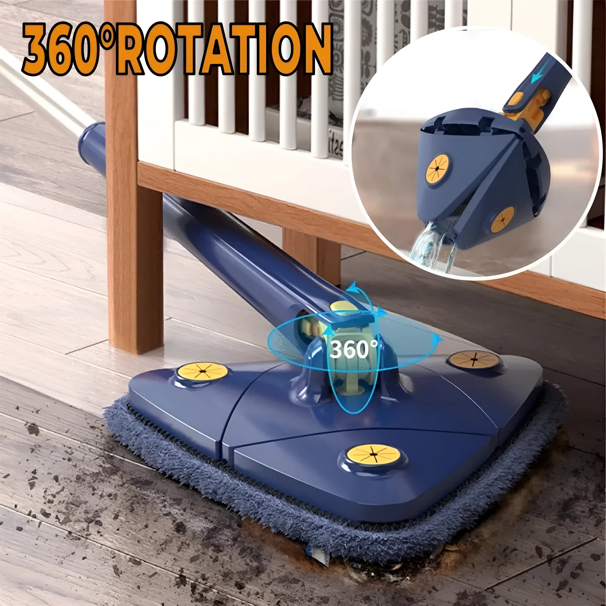 Blue extendable triangle mop with rotating head and adjustable stainless steel pole for corner cleaning