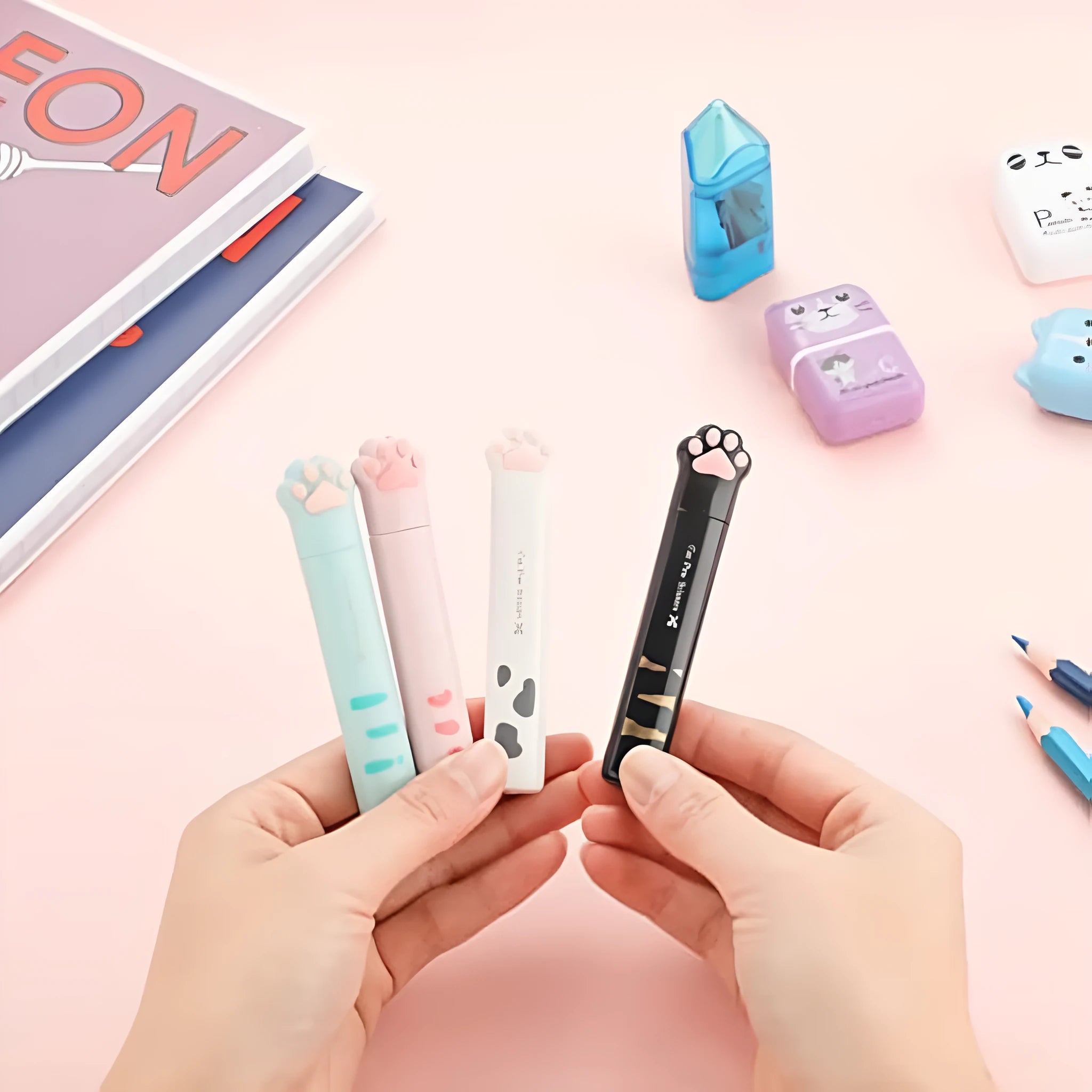 Cat paw mini folding scissors in four colours with stainless steel blades, folded to 8.7 cm length