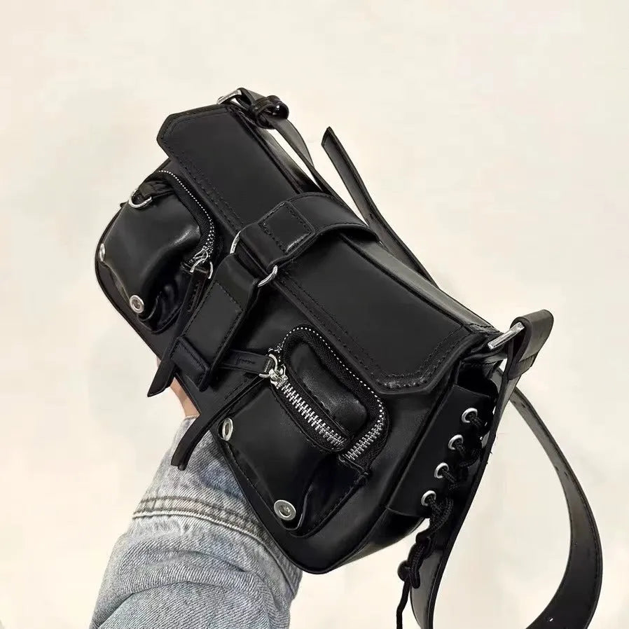 Black women's underarm baguette messenger bag with adjustable shoulder strap