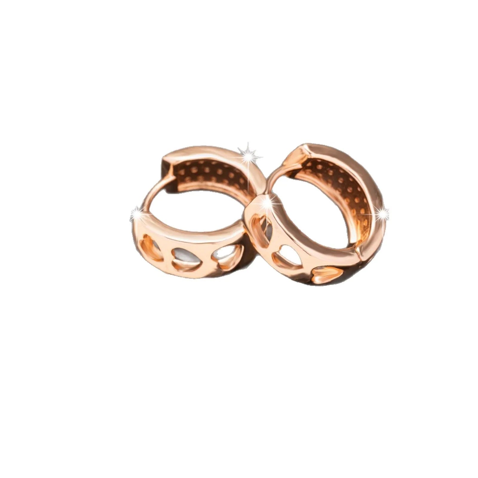 Rose gold hollow heart earrings with three open sections and circular shape