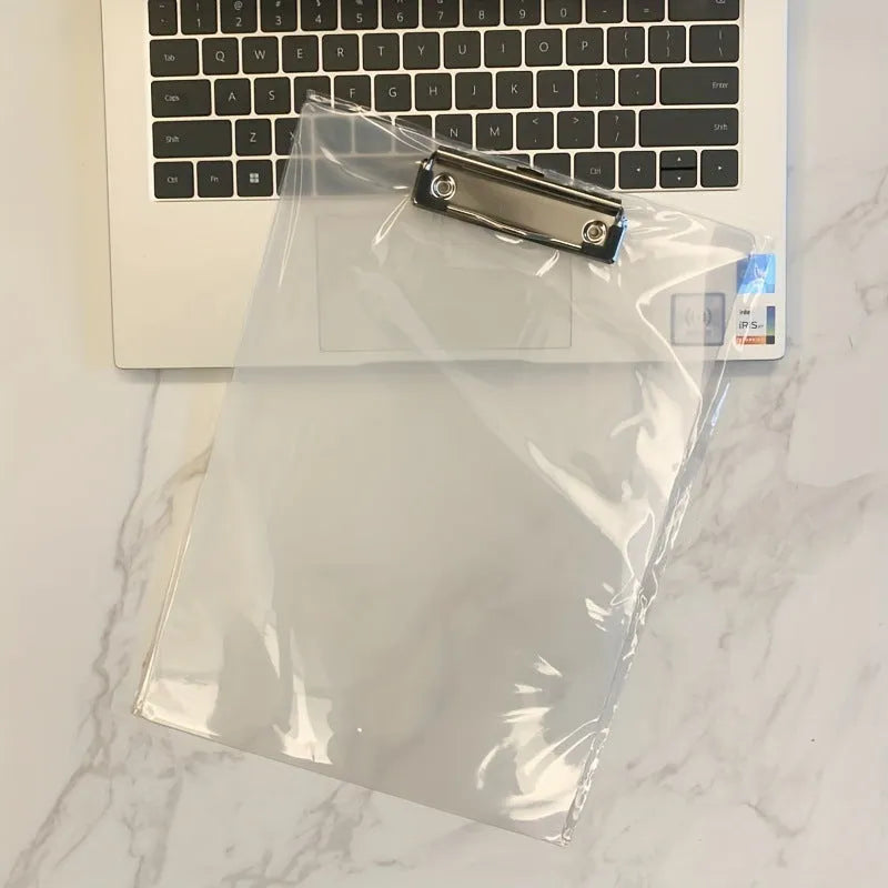 Transparent A4 plate holder with metal clip in blue, green, red, and white colour options