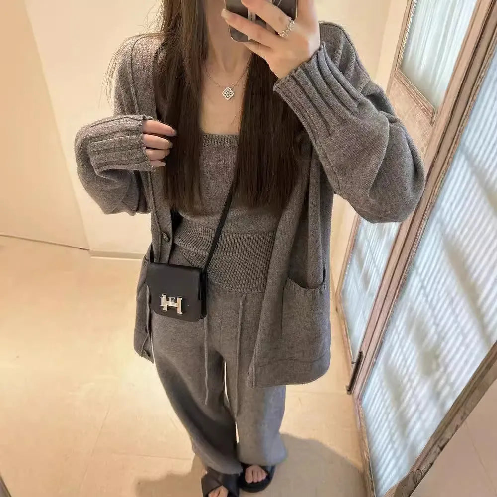 Women's knit cardigan with vest and suspender trousers three-piece set in beige colour