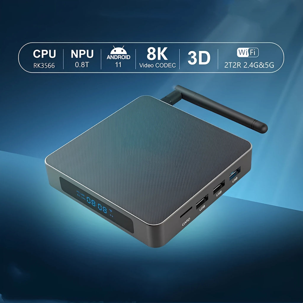 Black Android 8K set-top box with remote control, HDMI cable, and UK plug on a wooden surface.