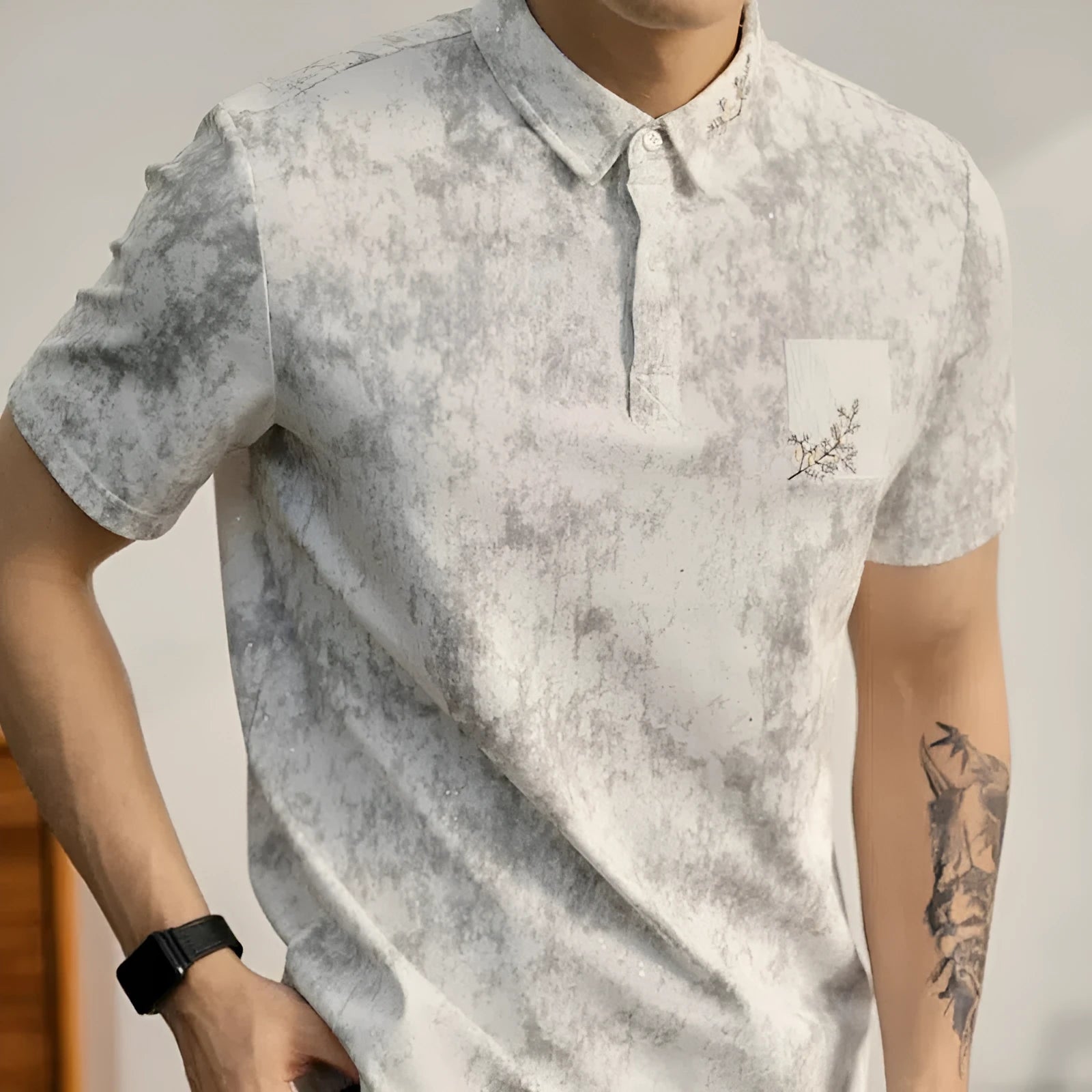 Men's short-sleeve tie-dye T-shirt in black, ice silk polyester, loose fit for summer
