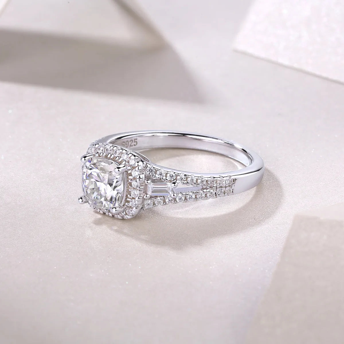 Day By Day moissanite wedding ring set with square 6x6mm stone, S925 silver band, platinum-plated, sizes 5-9, gift box