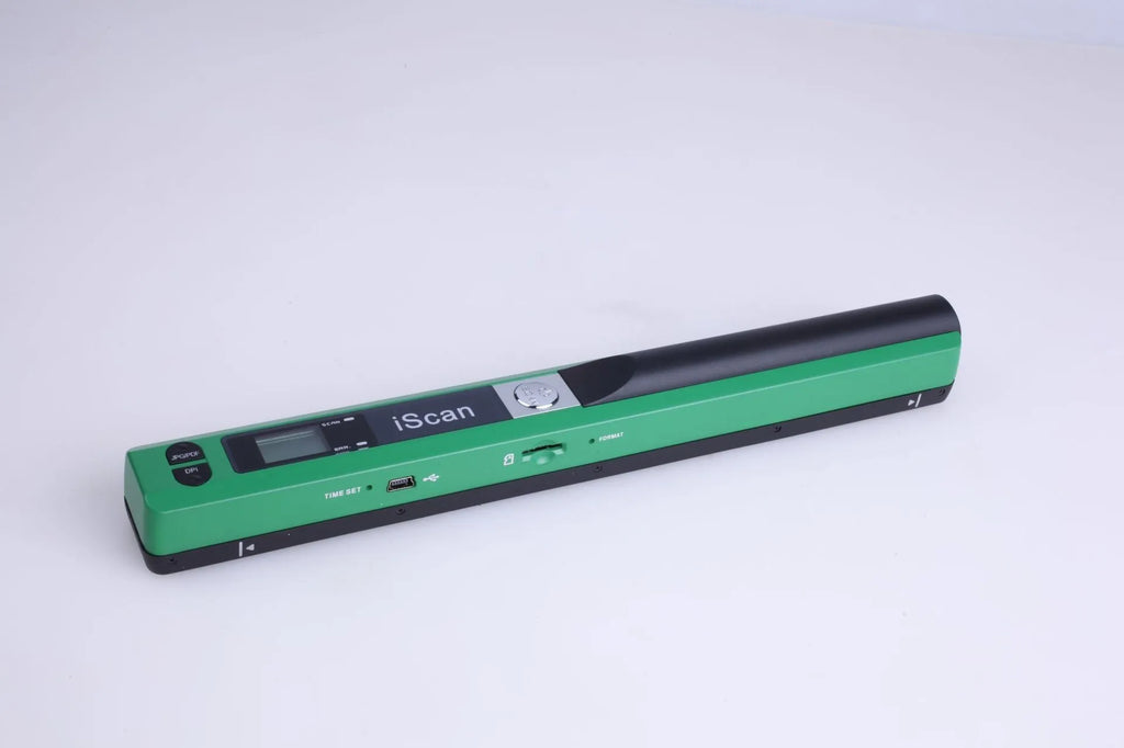 USB handheld barcode scanner in five colour options showing plastic construction with cable connection