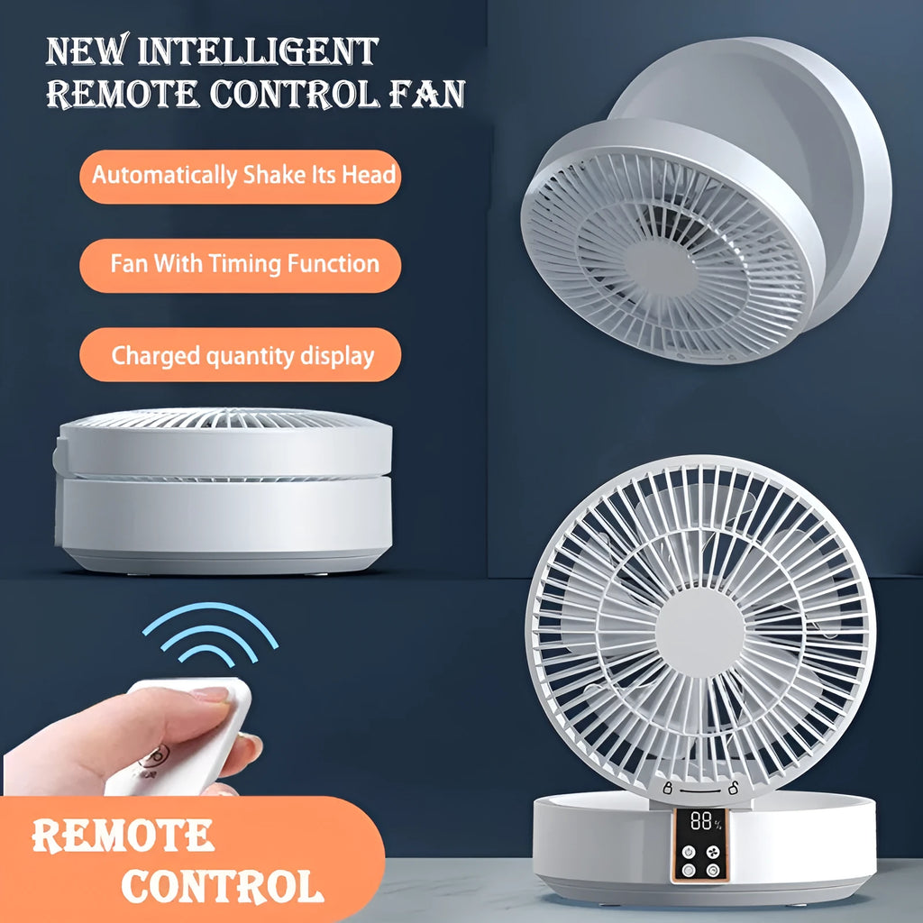 White rechargeable folding USB ceiling fan with remote control on wooden desk
