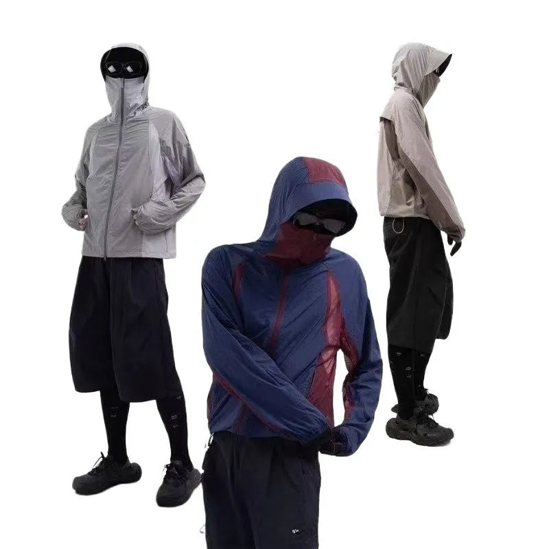 Nylon sun protective clothes with mesh stitching in desert brown, light grey, red, and blue colours.