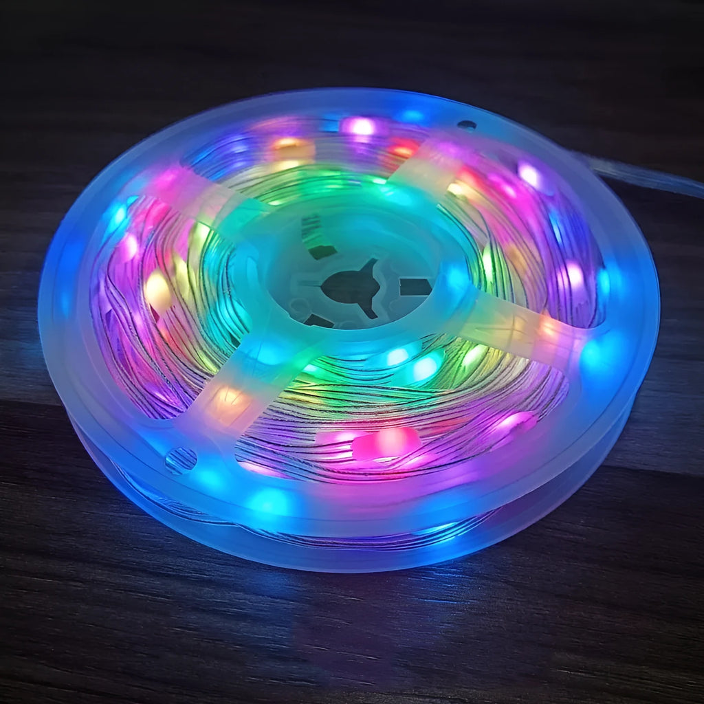 10 metre long multicolour LED party light string with 100 bulbs showing various flashing modes.