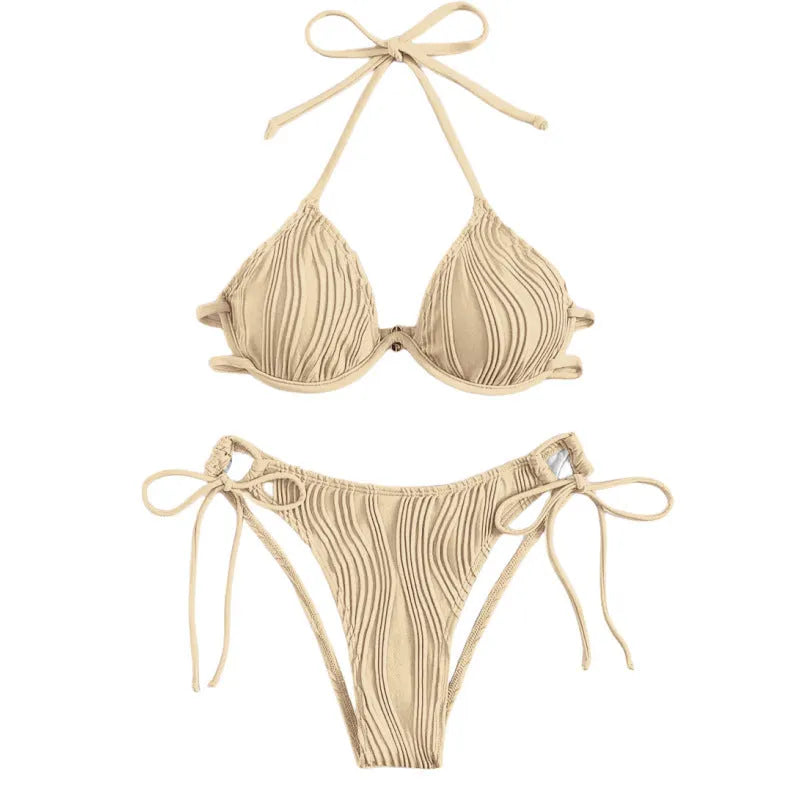 Women's apricot split bikini with steel bracket underwire, shown on size chart.