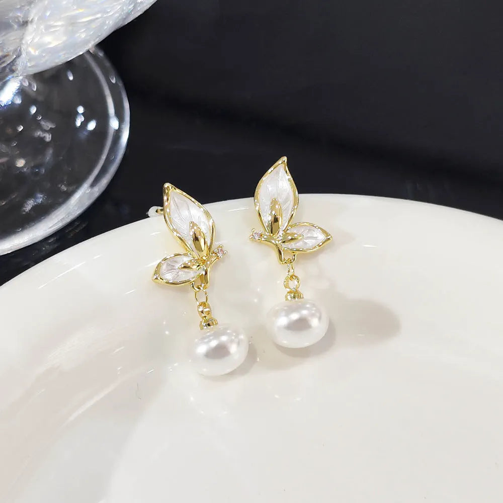 Women's butterfly earrings with zircon painting oil accents on copper with electroplating finish