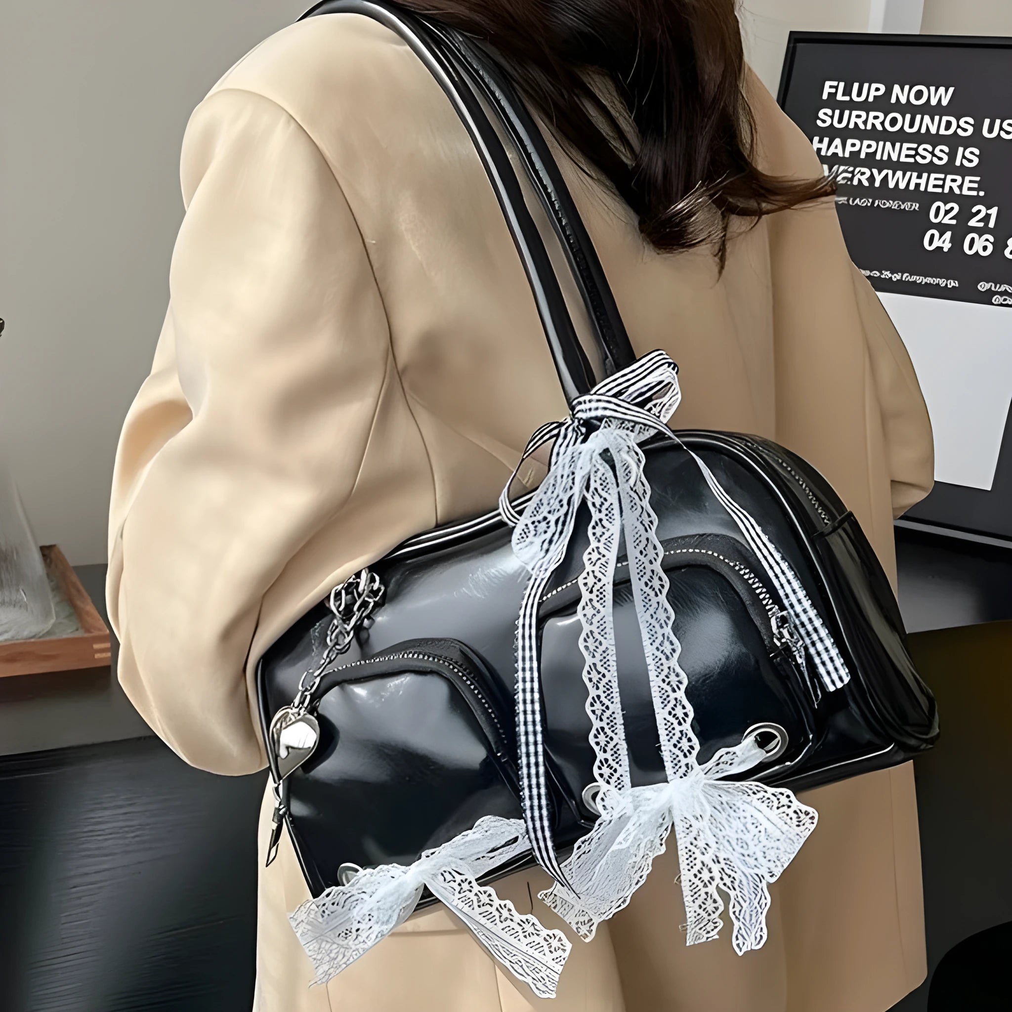Large capacity PU leather casual shoulder bag in horizontal square design with internal mobile phone compartment