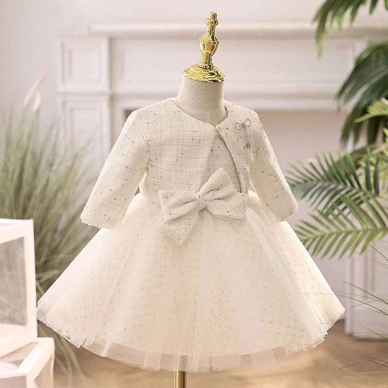 White long-sleeved princess style flower girl wedding dress with polyester lining for heights 80-160cm