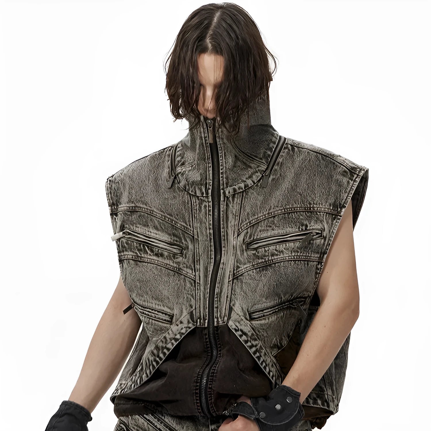 Men's sleeveless denim vest jacket with a front zipper closure.