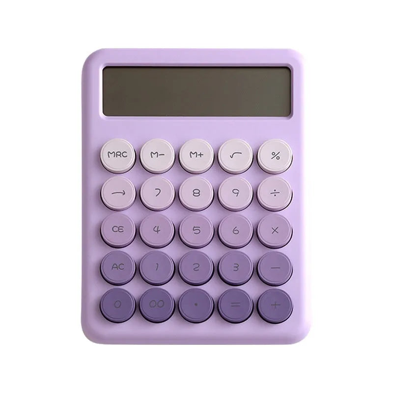 Desktop calculator with gradient colour options including violet, pink, blue and mint green