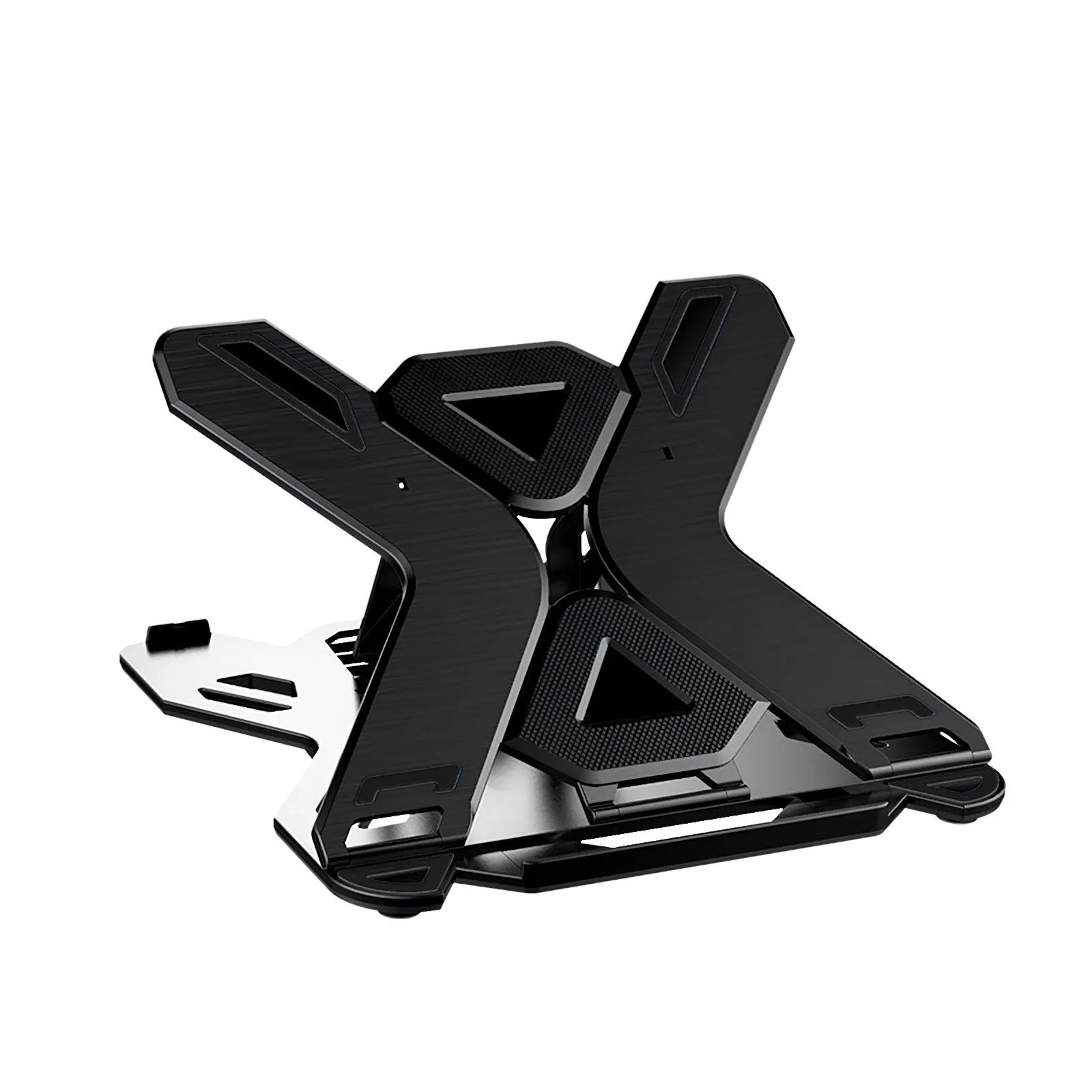 Black ABS plastic laptop bracket on a wooden desk next to a laptop.