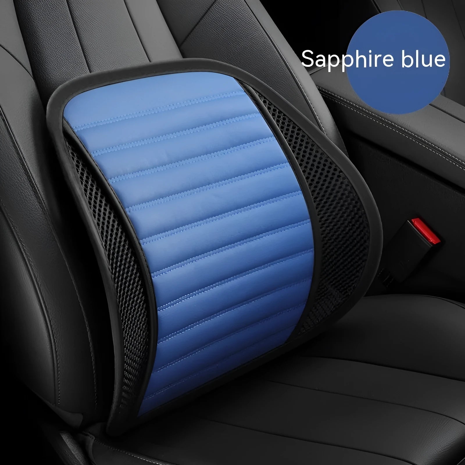 Genuine leather car lumbar support cushion shown in sapphire blue colour