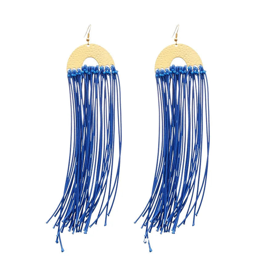Women's geometric fabric earrings with blue resin flower detailing and silver needle colour