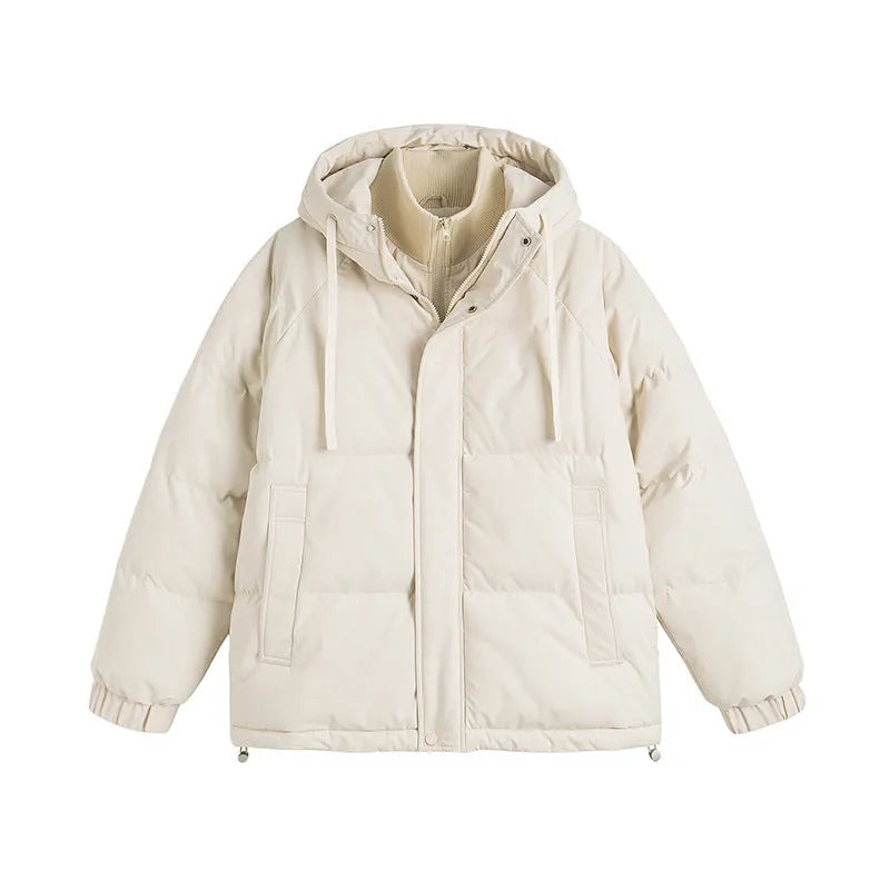 Loose-fit winter cotton-padded coat in cardigan style with side pockets