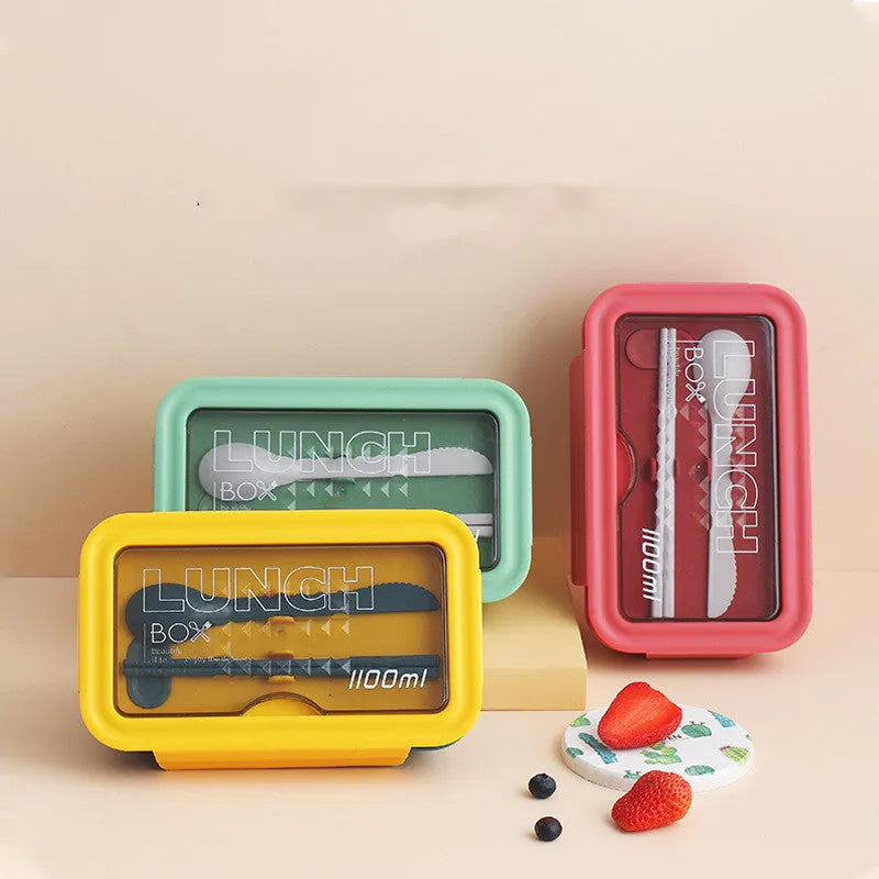 Four-layer partitioned bento lunch box in Nordic style with green, red, and yellow colour options