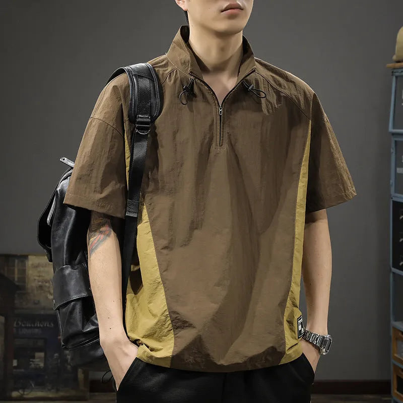 Men's brown ice silk business shirt with half-zip stand collar and short sleeves shown front view