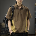 Men's brown ice silk business shirt with half-zip stand collar and short sleeves shown front view